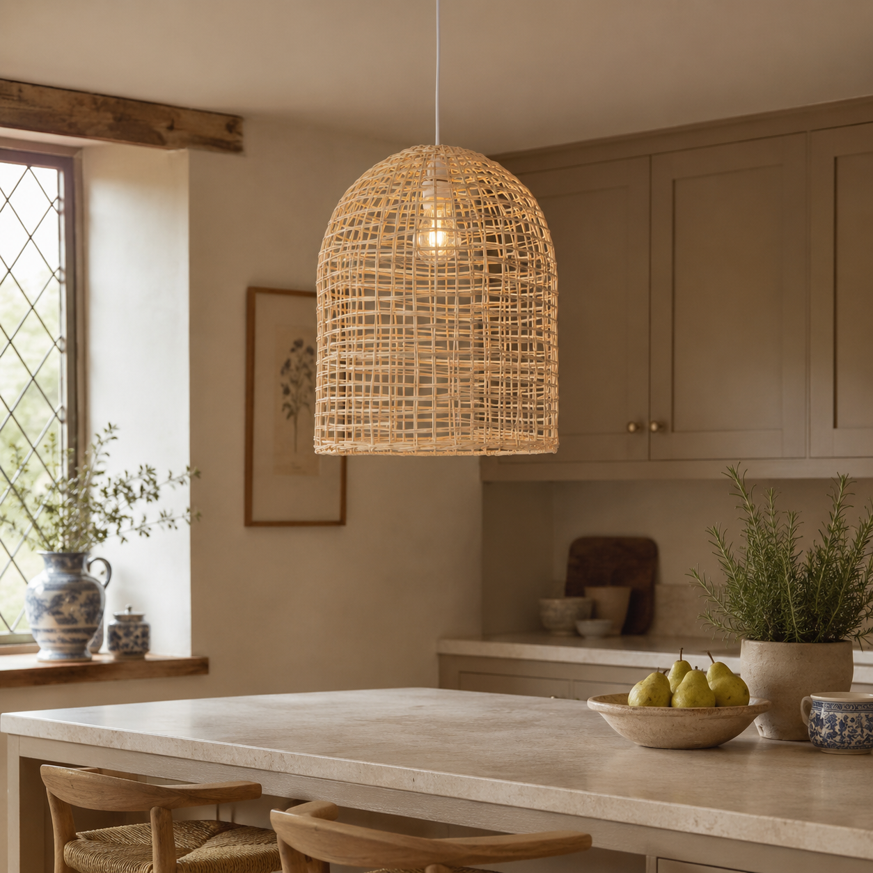 Natural cage pendant above a kitchen island setting