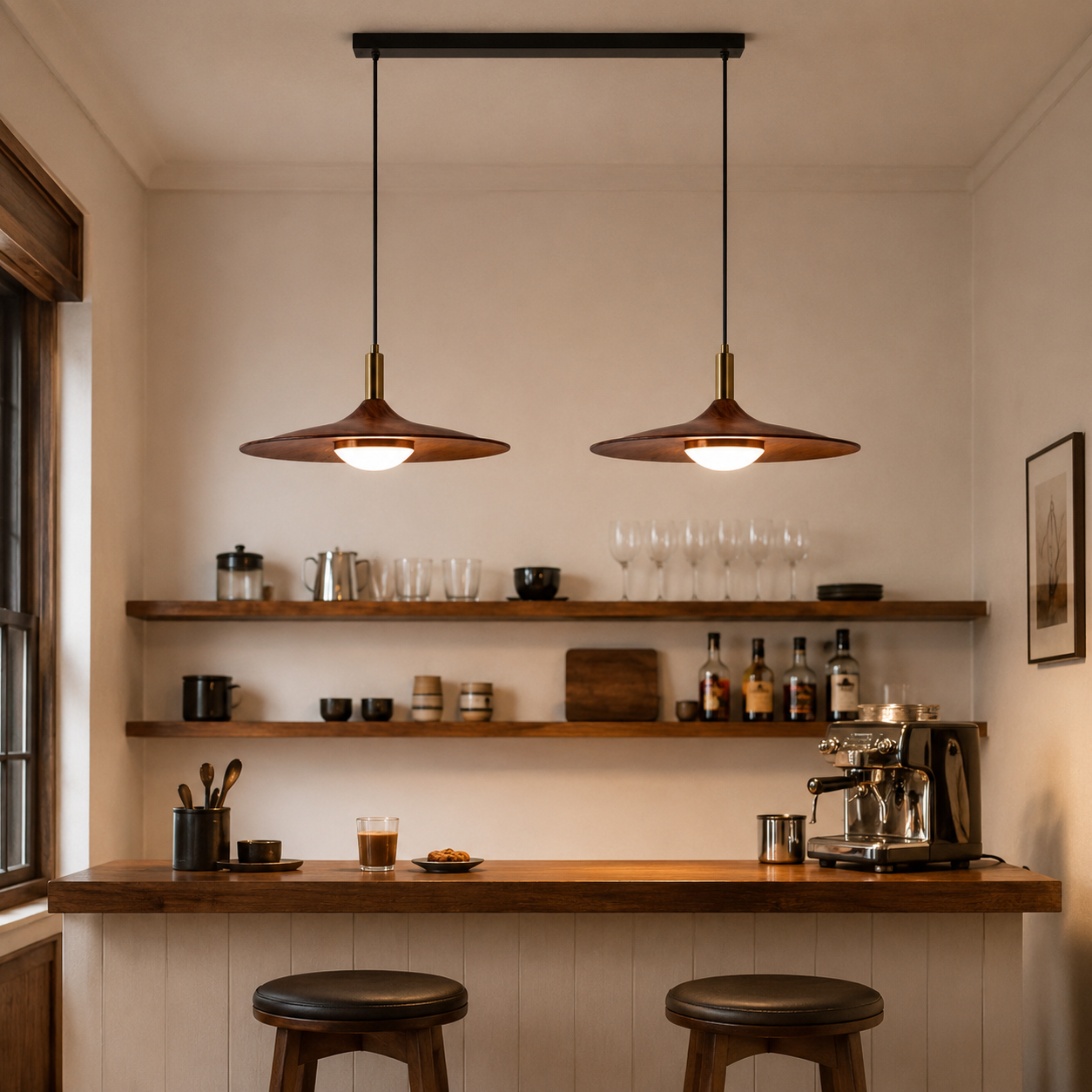 walnut double pendant light above a cafe-style counter