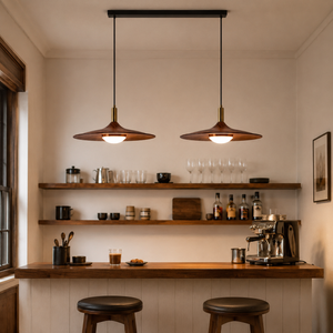 walnut double pendant light above a cafe-style counter