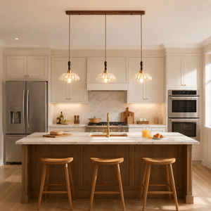 3-light walnut resin mini pendant light above a bright kitchen island