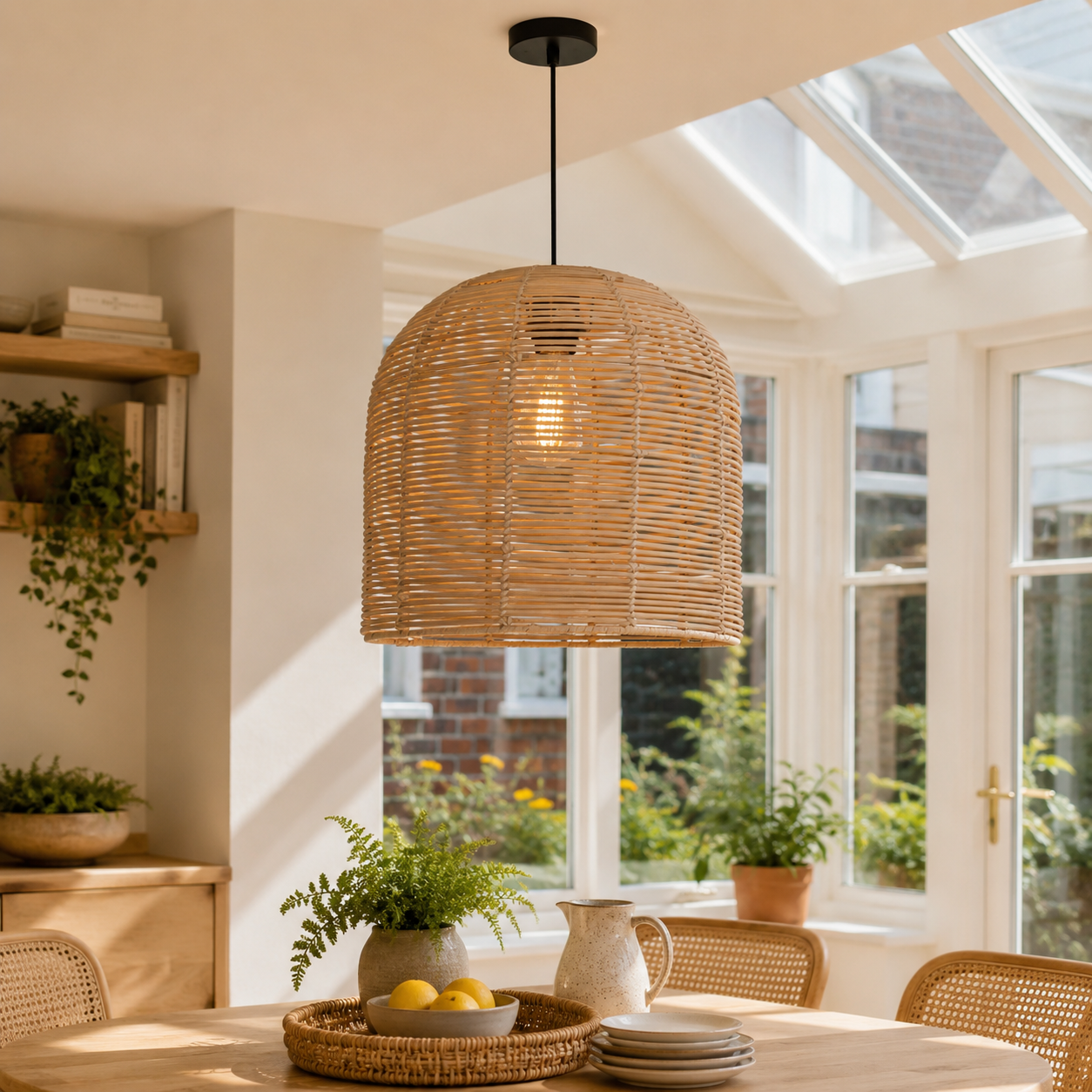 Rattan dome pendant light in a sunlit breakfast nook