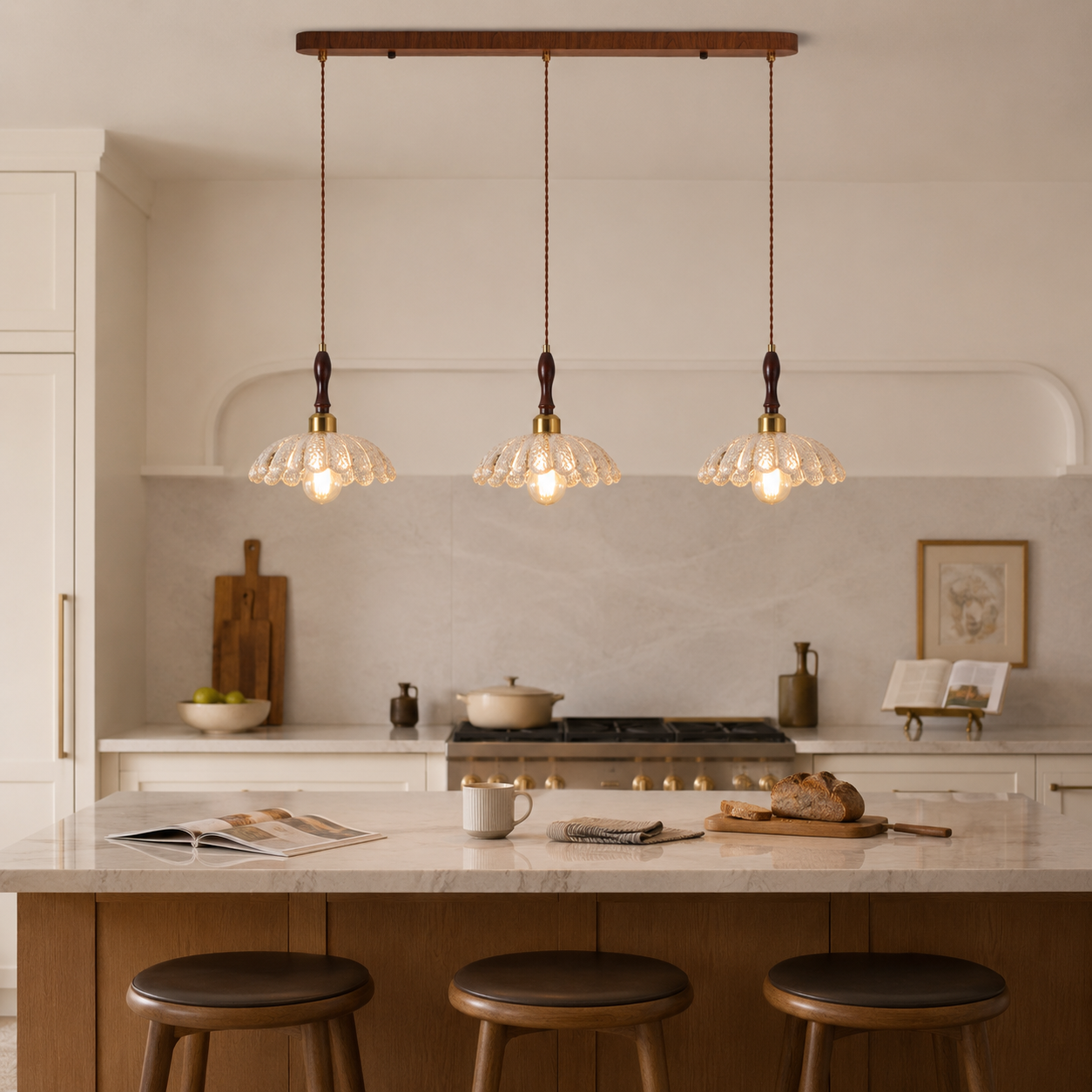 3-light walnut resin mini pendant light above a modern kitchen island with stools