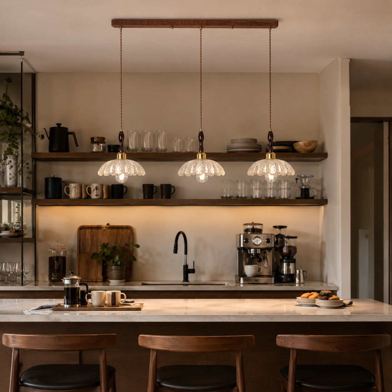3-light walnut resin mini pendant light above a cafe-style counter