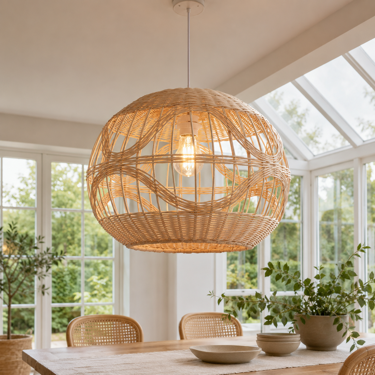 Wave-detail rattan globe pendant beside a bright window
