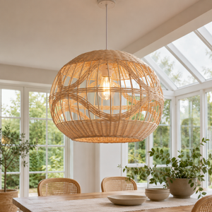 Wave-detail rattan globe pendant beside a bright window