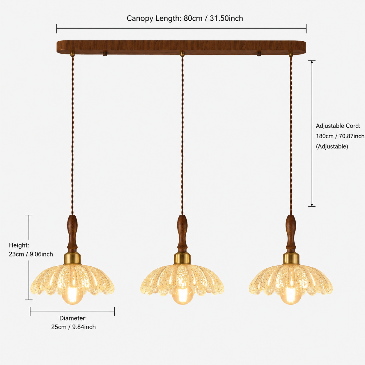 dimension chart for the three-light walnut resin pendant for 3-light walnut resin mini pendant light