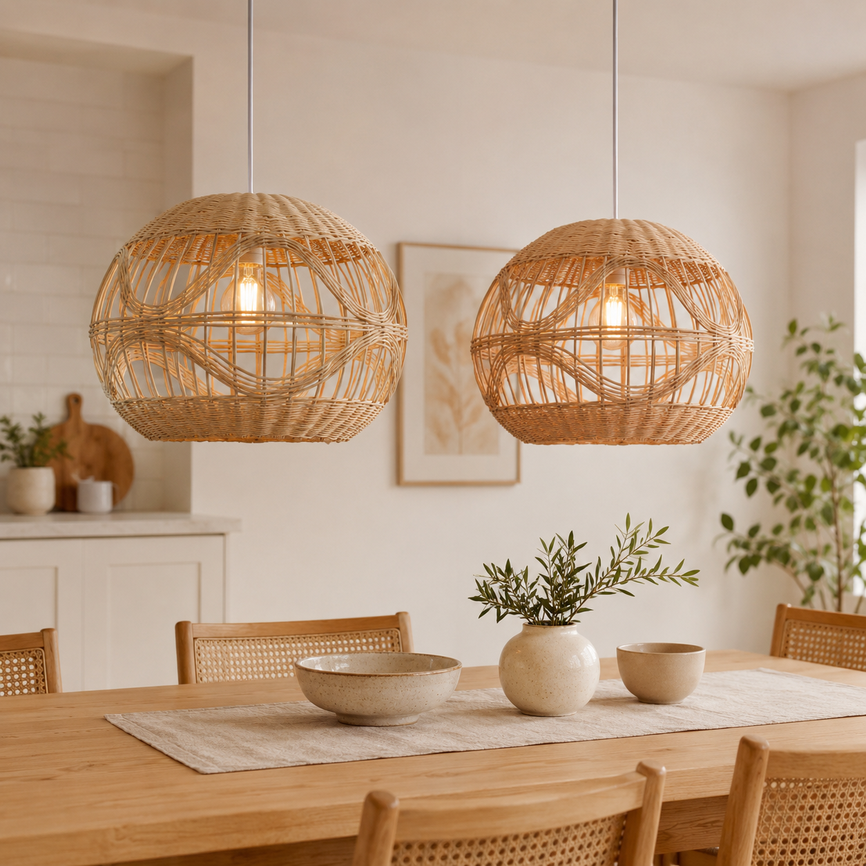 Pair of spherical rattan pendants above a kitchen table