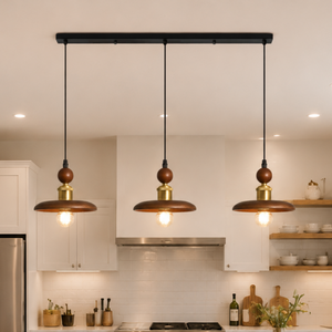 3-light walnut wood mini pendant light set of three walnut wood mini pendants over a kitchen counter