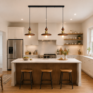 3-light walnut wood mini pendant light above a bright kitchen island