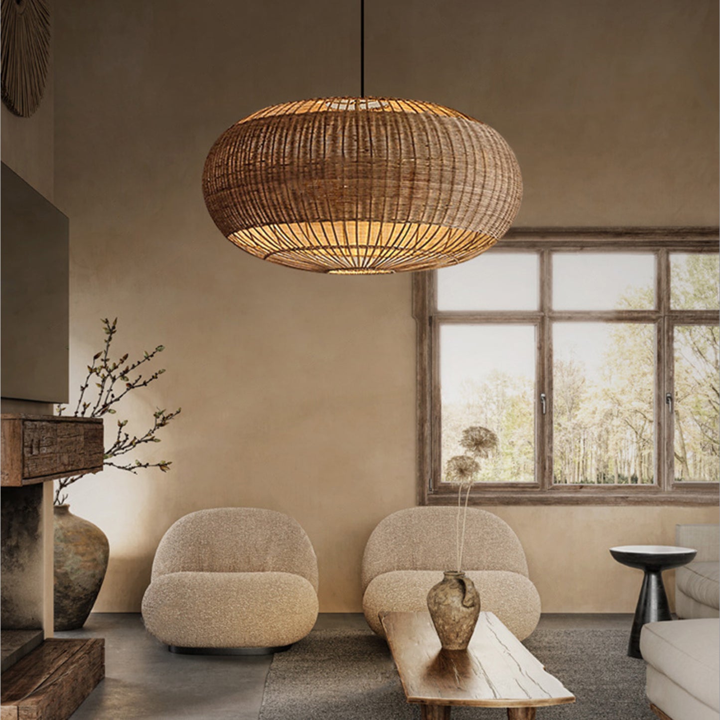 Handcrafted Rattan Pendant Light in Flat Round Basket Shape