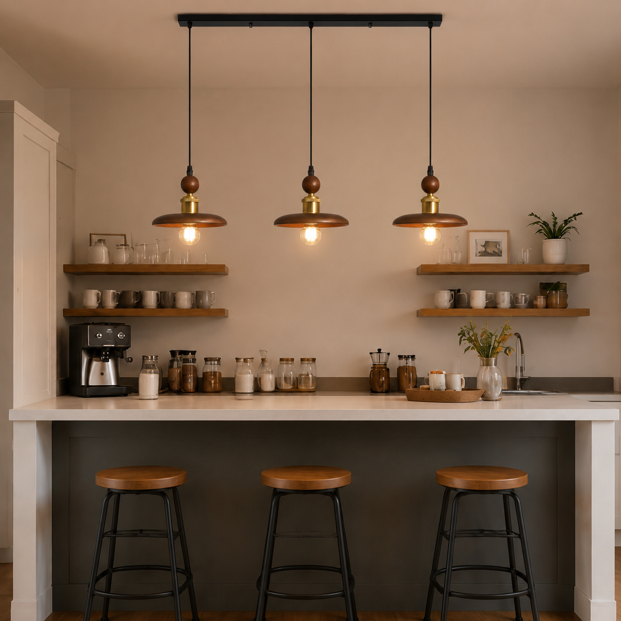 3-light walnut wood mini pendant light above a cafe counter with shelves