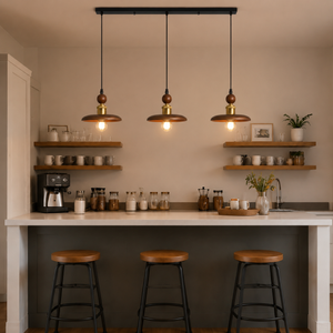 3-light walnut wood mini pendant light above a cafe counter with shelves