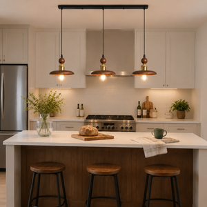 3-light walnut wood mini pendant light above a kitchen island with flowers