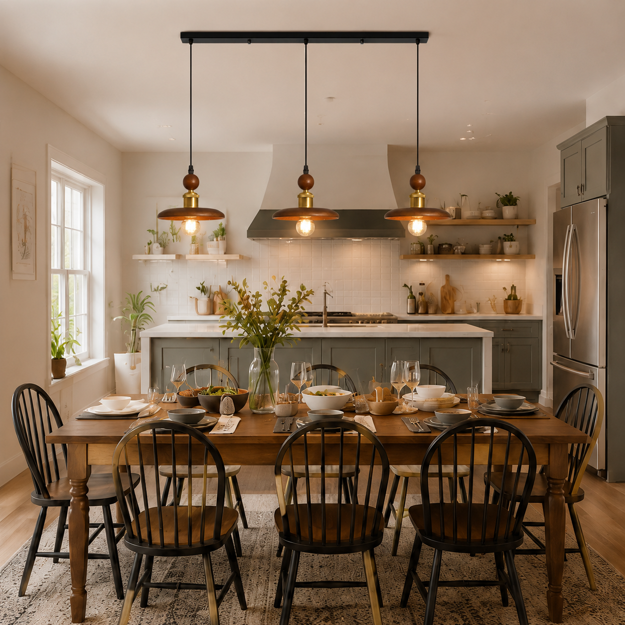 3-light walnut wood mini pendant light above a dining table in an open kitchen