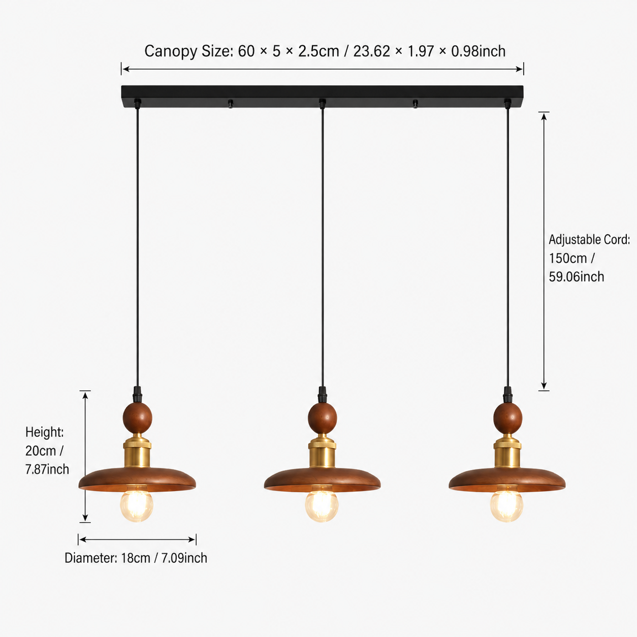 dimension chart for the three-light walnut wood pendant for 3-light walnut wood mini pendant light