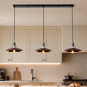 3-light walnut iron pendant light set of three walnut iron pendants over a kitchen counter