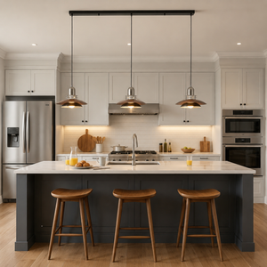 3-light walnut iron pendant light above a modern kitchen island