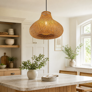 Bamboo gourd pendant light over a bright kitchen table