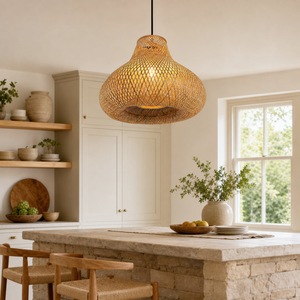 Handcrafted bamboo gourd pendant above a warm kitchen counter