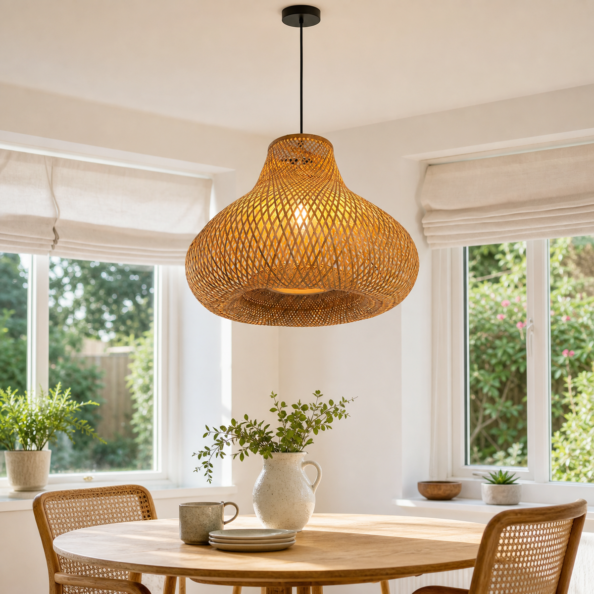 Bamboo gourd pendant in a sunlit round dining nook