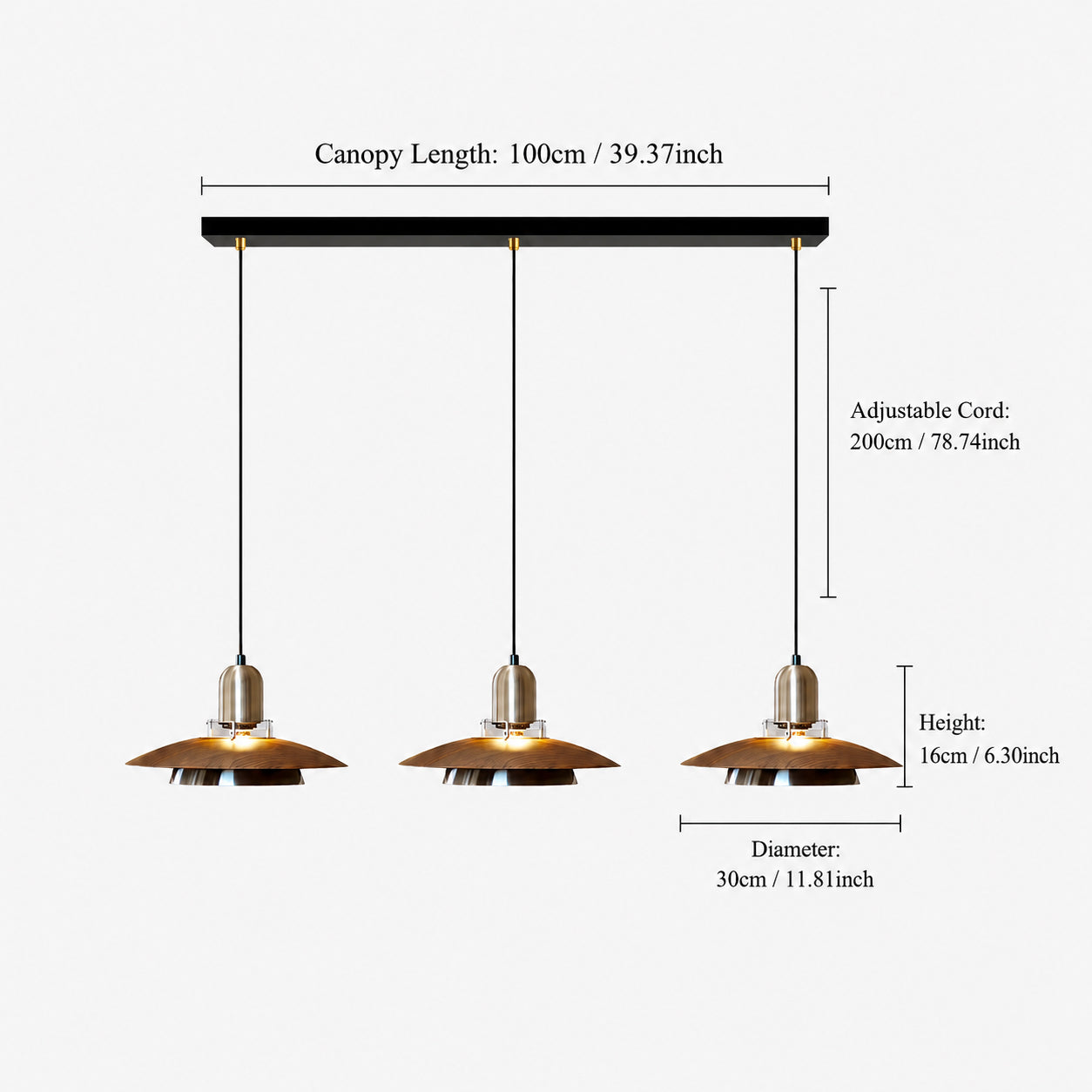dimension chart for the three-light walnut iron pendant for 3-light walnut iron pendant light