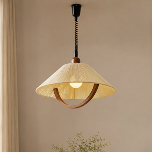 natural wood curved pendant light with curved natural wood shade and cotton cord