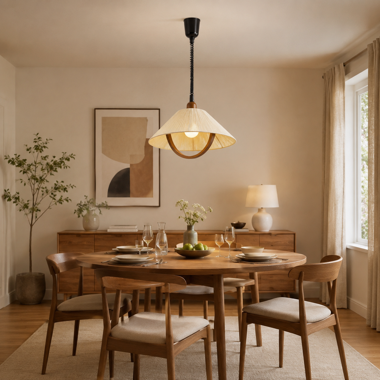 natural wood curved pendant light above a dining table in a neutral room