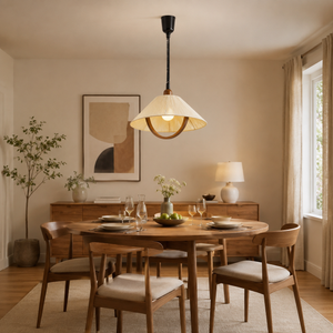natural wood curved pendant light above a dining table in a neutral room