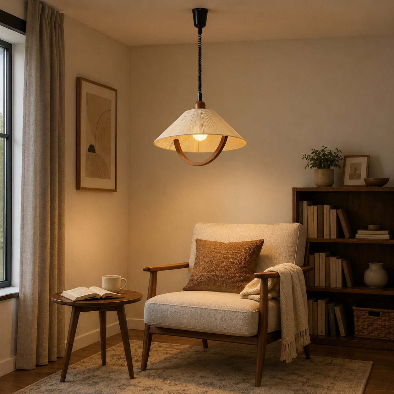 natural wood curved pendant light in a cosy reading corner