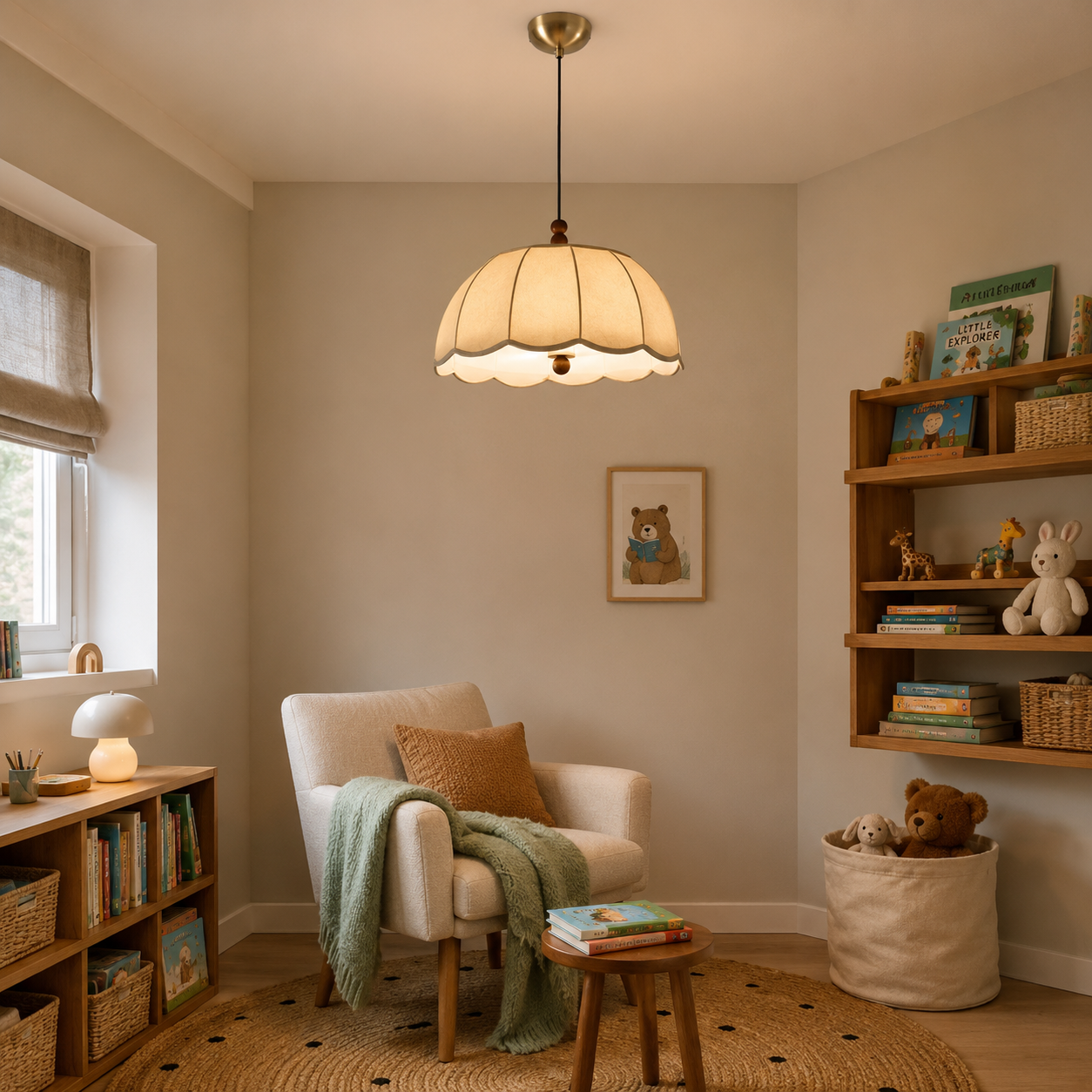 yellow fabric pendant light in a cosy reading corner
