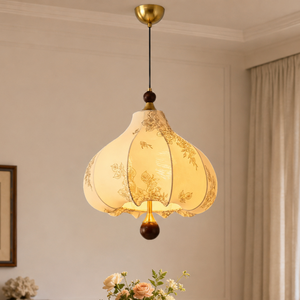 yellow floral fabric pendant light with yellow floral fabric shade and warm glow