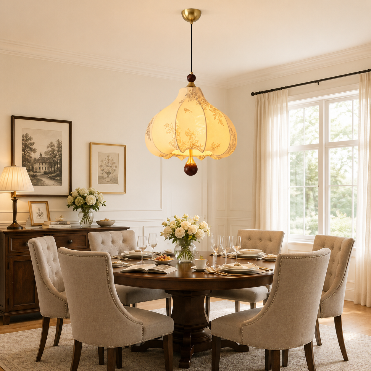 yellow floral fabric pendant light above a dining table with flowers