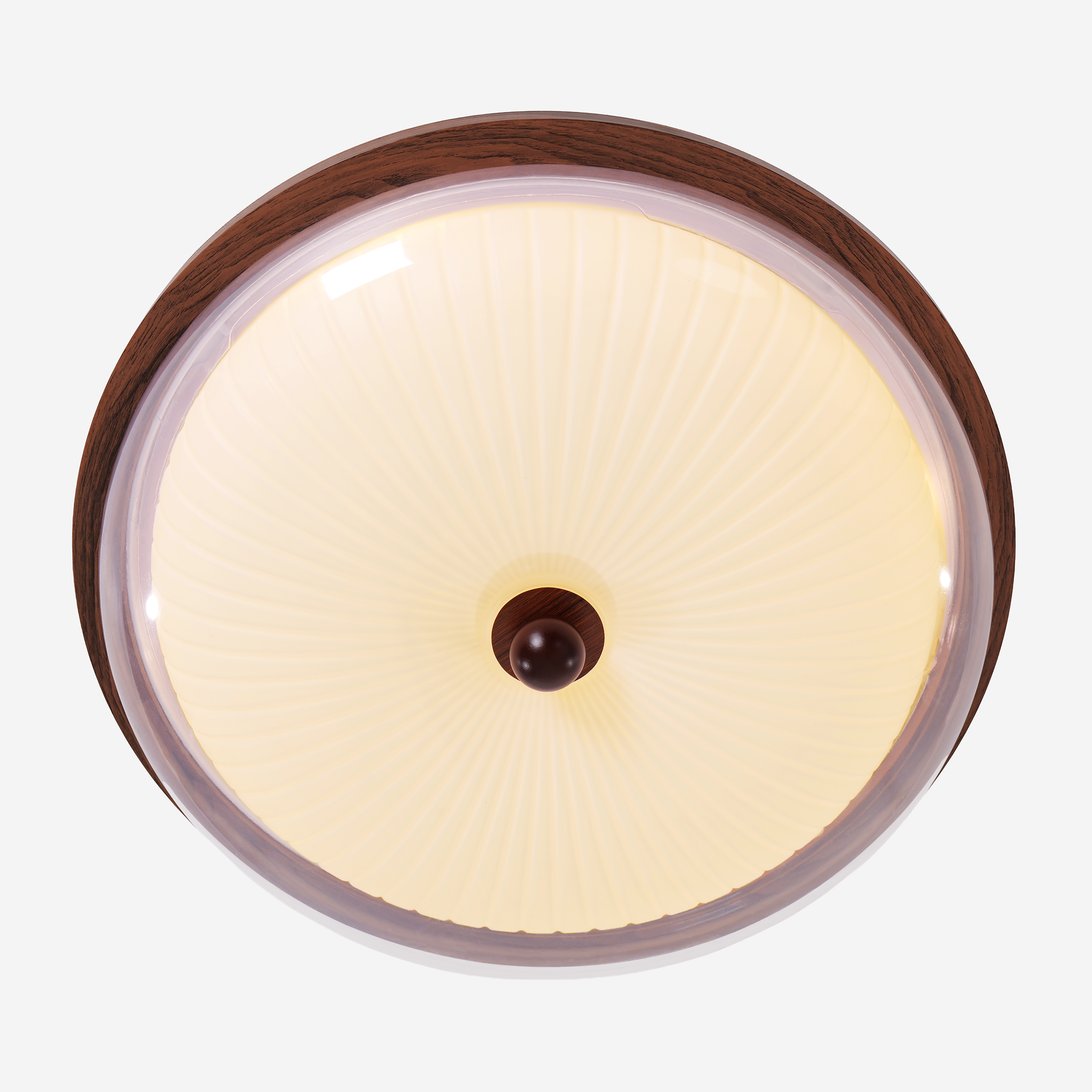 walnut ribbed acrylic ceiling light brightening a living room