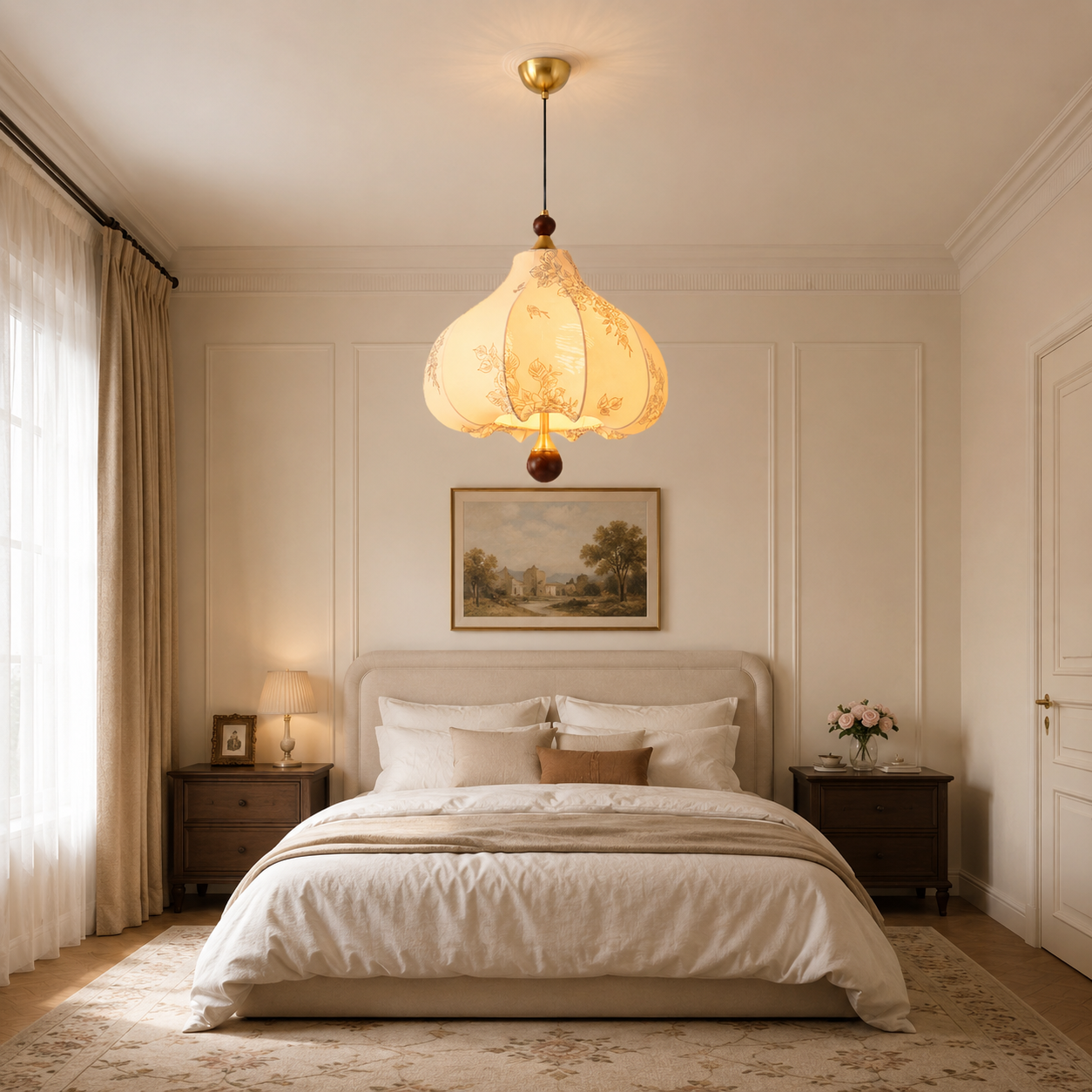 yellow floral fabric pendant light in a soft neutral bedroom