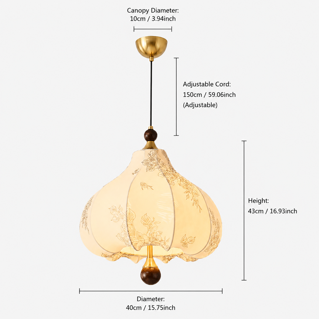 dimension chart for the yellow floral fabric pendant for yellow floral fabric pendant light