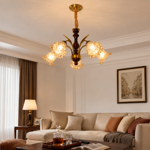 5-light vintage glass flower chandelier above a warm living room table