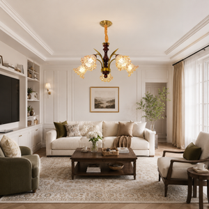5-light vintage glass flower chandelier in a neutral living room seating area