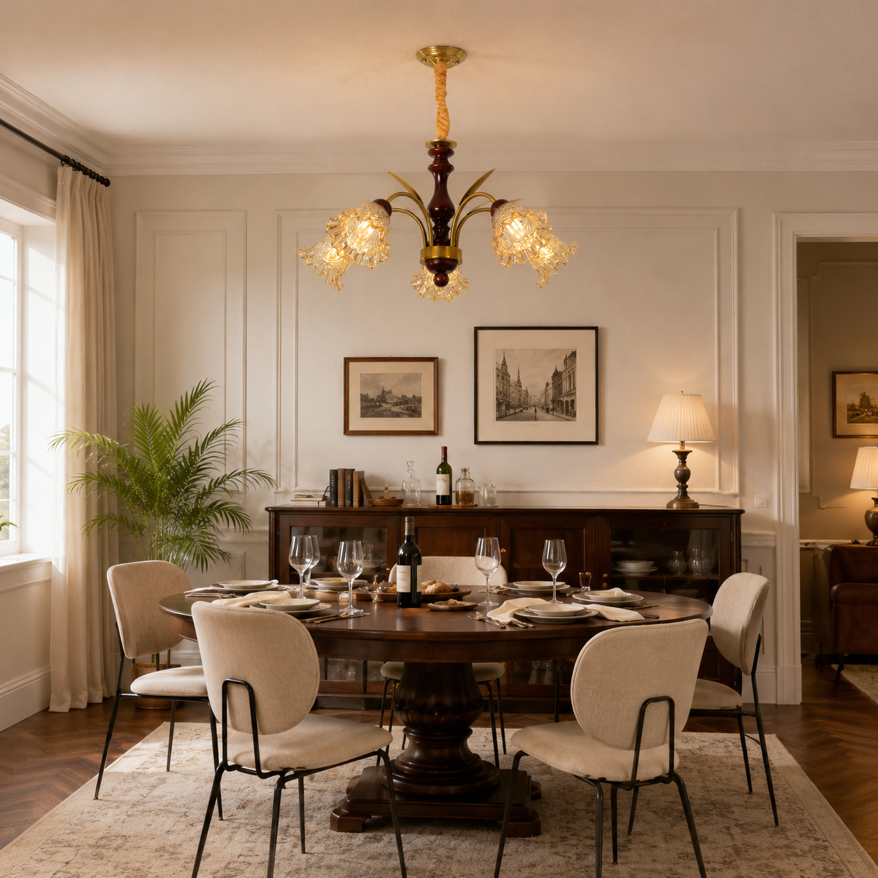 5-light vintage glass flower chandelier above a round dining table