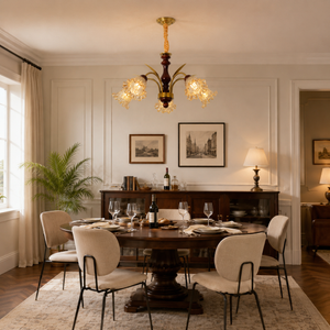 5-light vintage glass flower chandelier above a round dining table