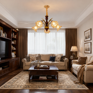 5-light vintage glass flower chandelier above a classic living room sofa