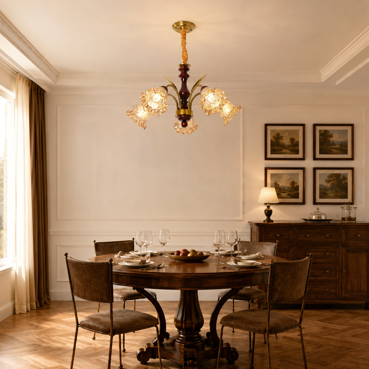 5-light vintage glass flower chandelier above a dining table with dark wood chairs