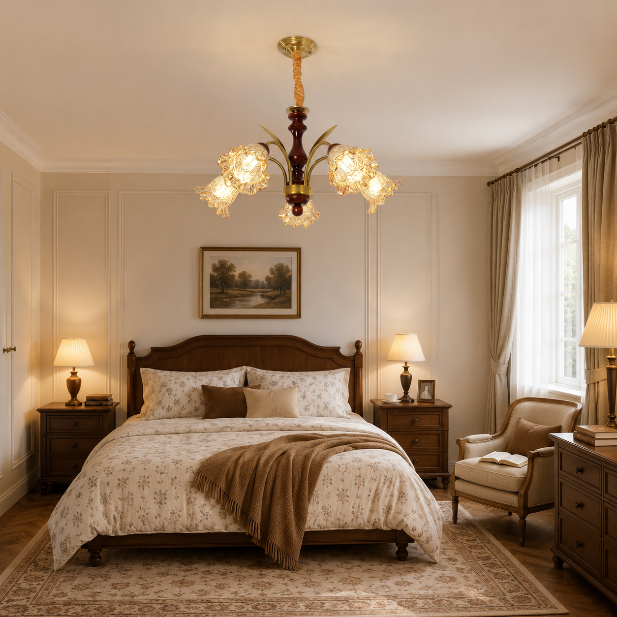 5-light vintage glass flower chandelier in a warm bedroom setting