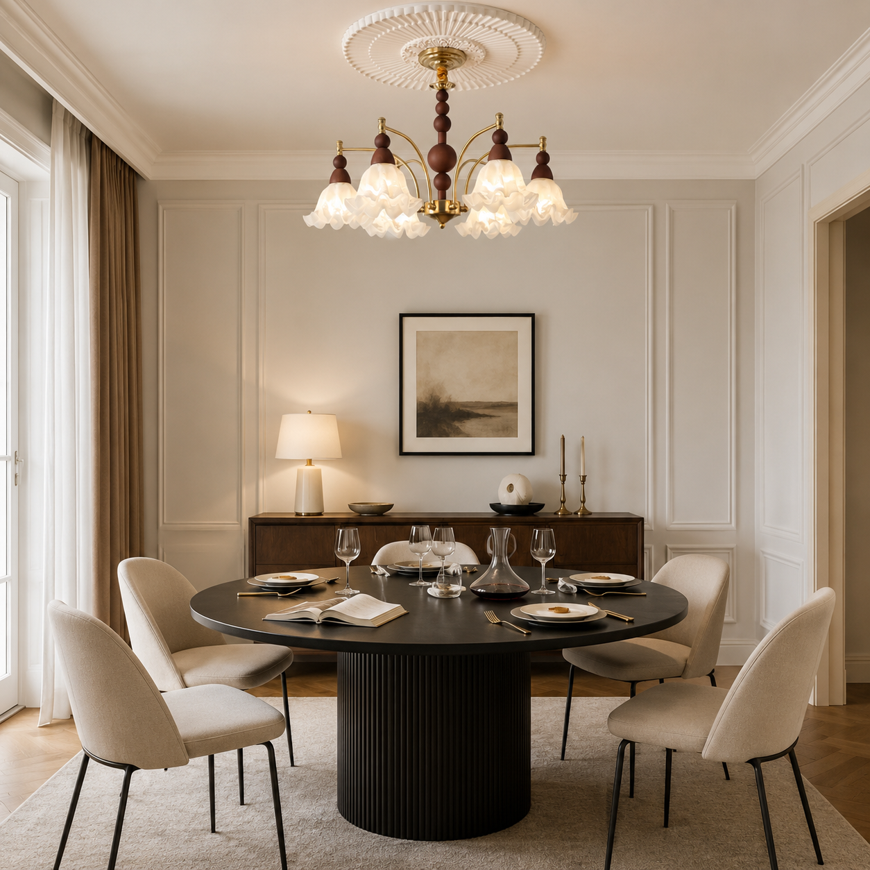 6-light white glass chandelier above a round dining table