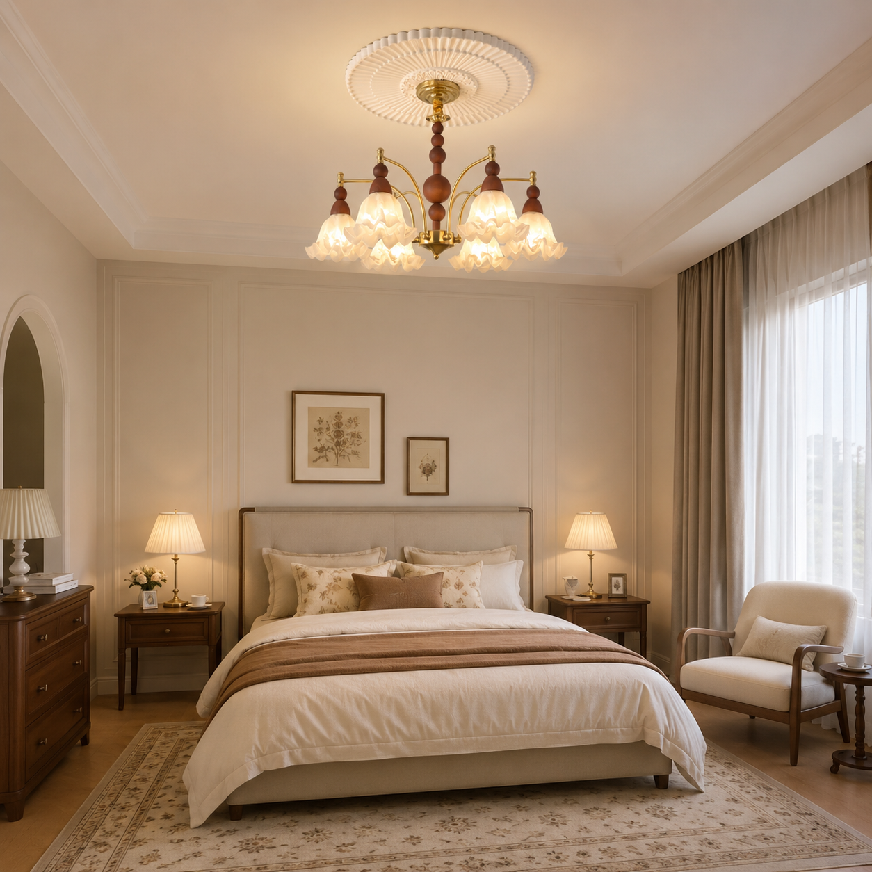6-light white glass chandelier in a warm bedroom setting