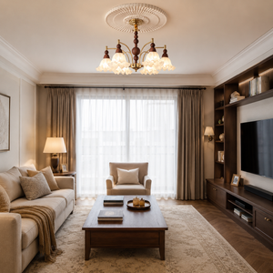 6-light white glass chandelier above a neutral living room seating area