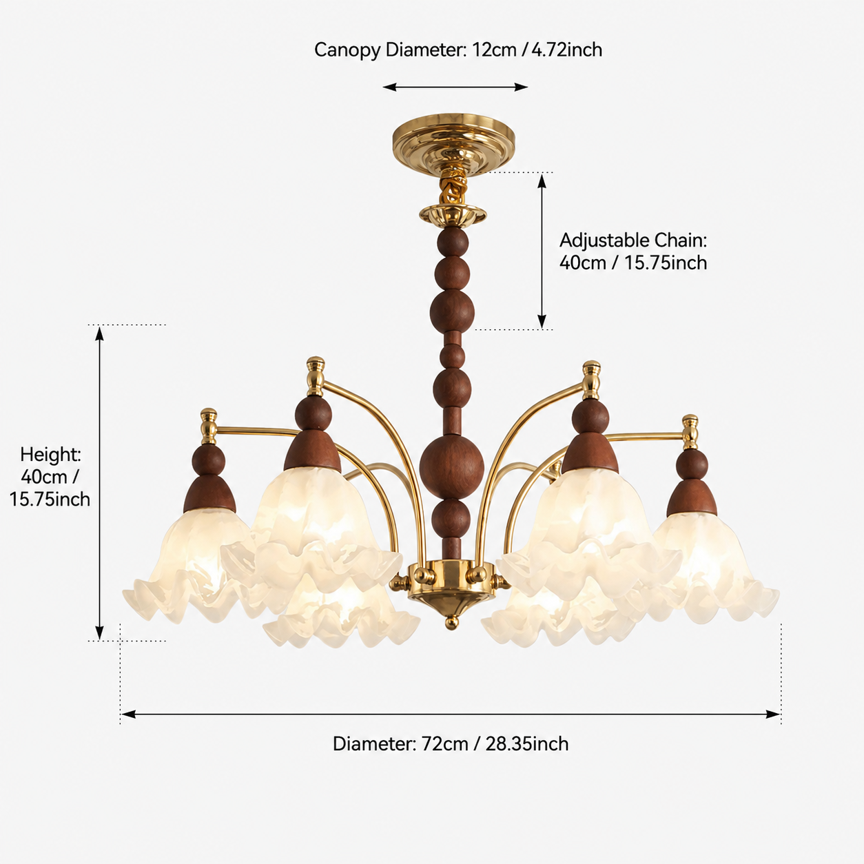 dimension chart for the adjustable white glass chandelier for 6-light white glass chandelier