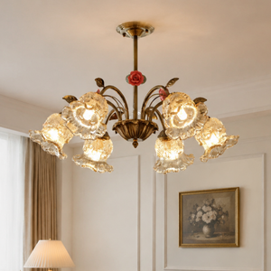 6-light gold vintage pink floral glass chandelier with pink floral glass shades and gold frame