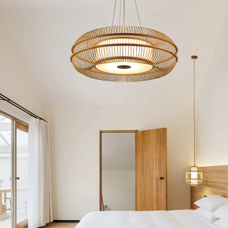 Hanging LED Bamboo Pendant Light Drum-Shaped 45/60/70/80 Dia