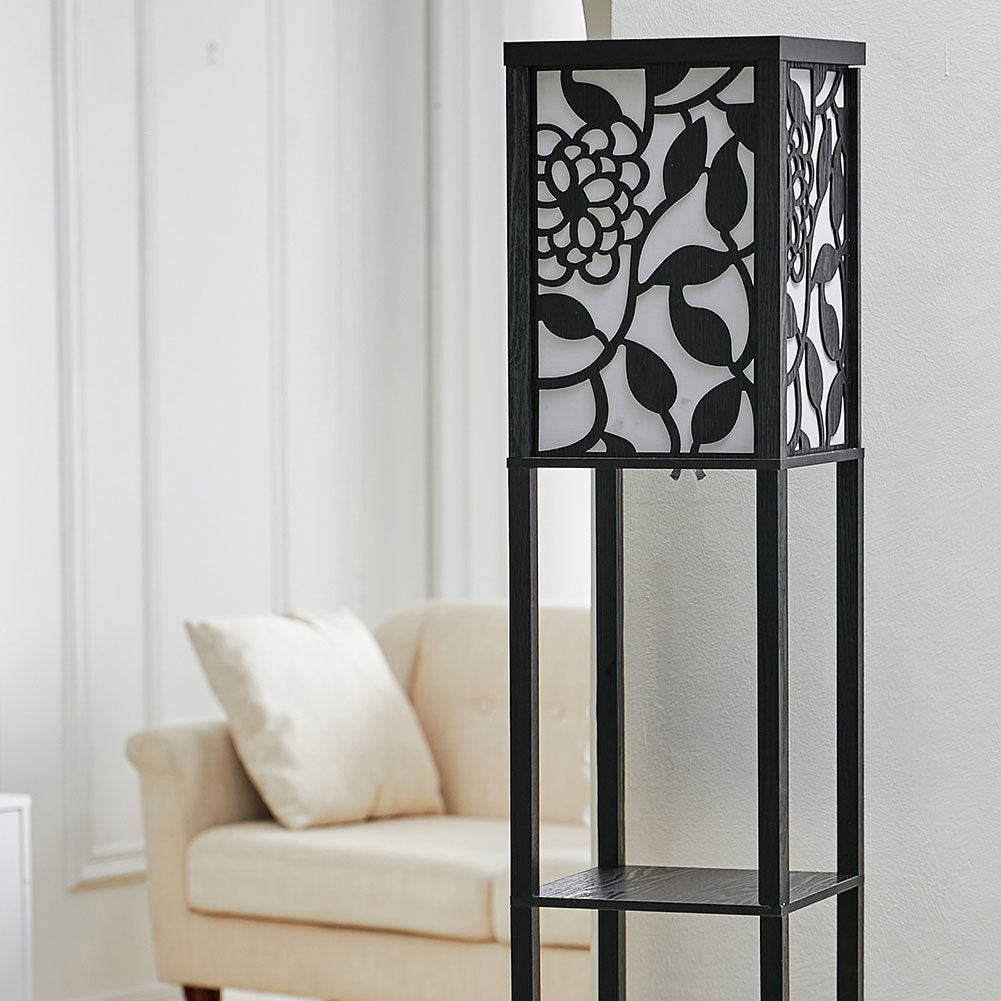 Floor Lamp with Vine Leaves Linen Shade 3 Layers Modern Reading Lamp