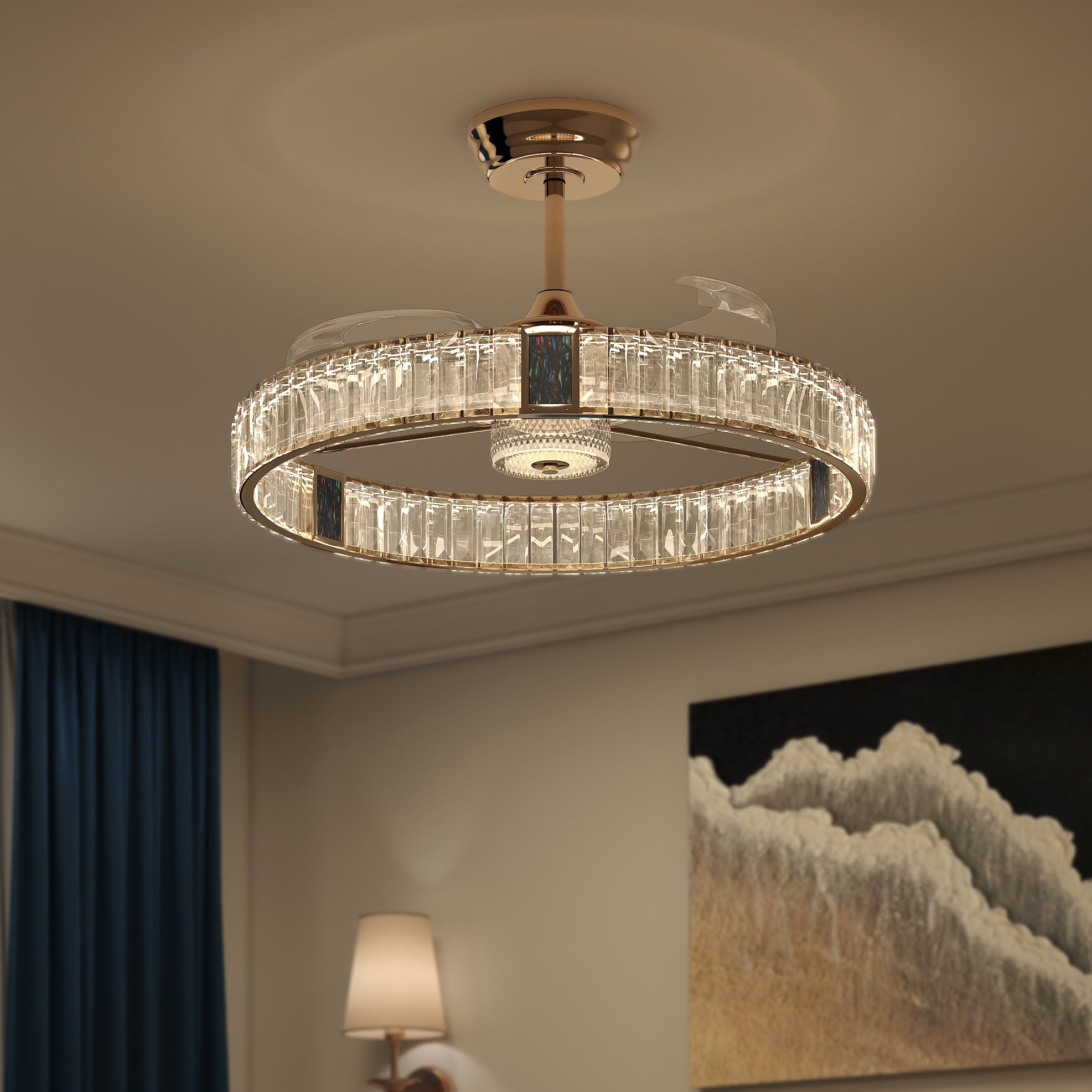 Gold Crystal Ceiling Fan with Light & Remote | 6-Speed Quiet Fan